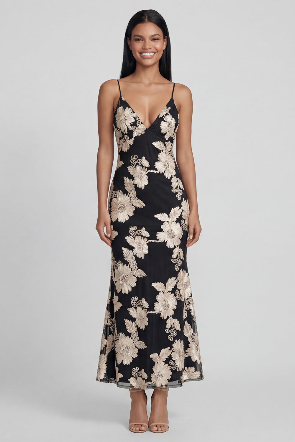 Sage Green Floral Mermaid Maxi Spaghetti Straps Beach Wedding Guest Dress