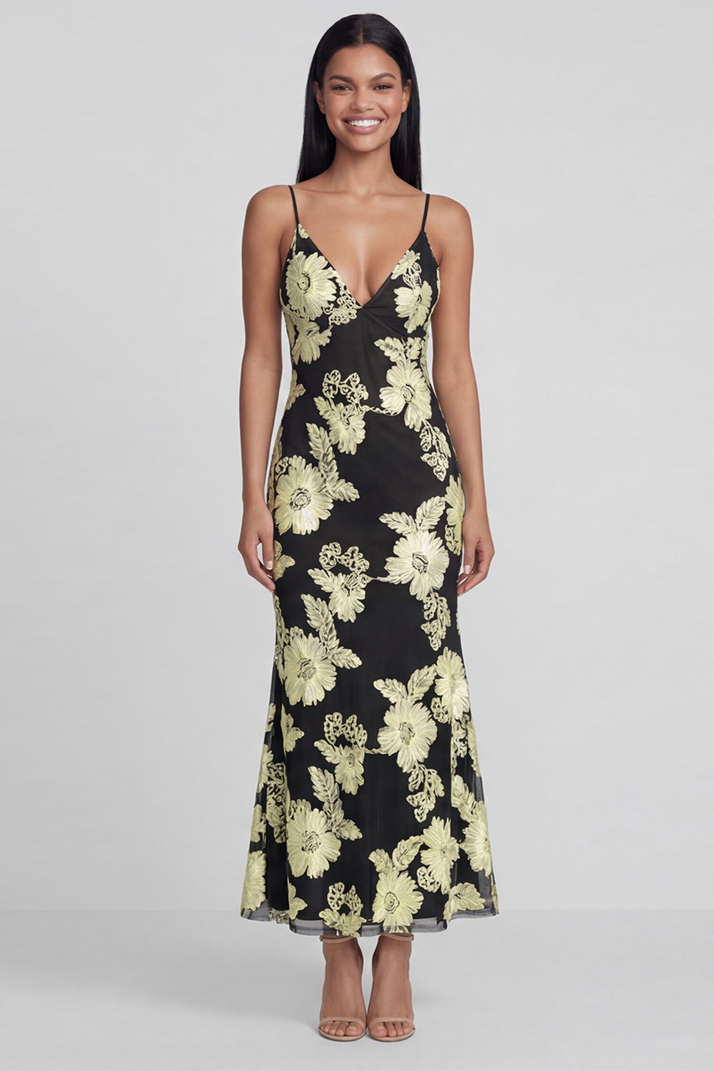 Sage Green Floral Mermaid Maxi Spaghetti Straps Beach Wedding Guest Dress