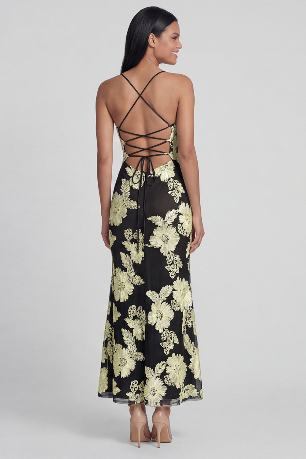 Sage Green Floral Mermaid Maxi Spaghetti Straps Beach Wedding Guest Dress