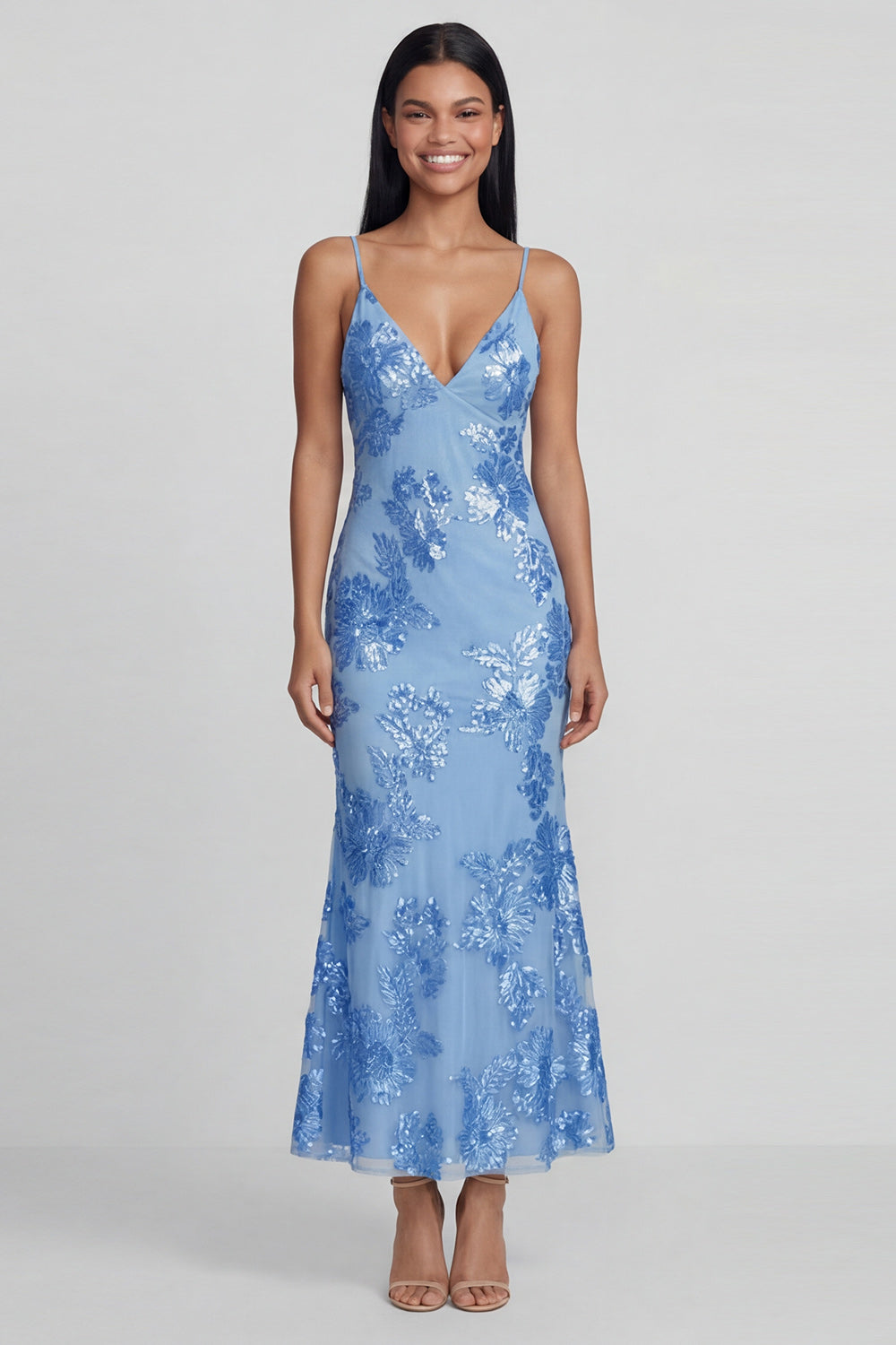 Sage Green Floral Mermaid Maxi Spaghetti Straps Beach Wedding Guest Dress