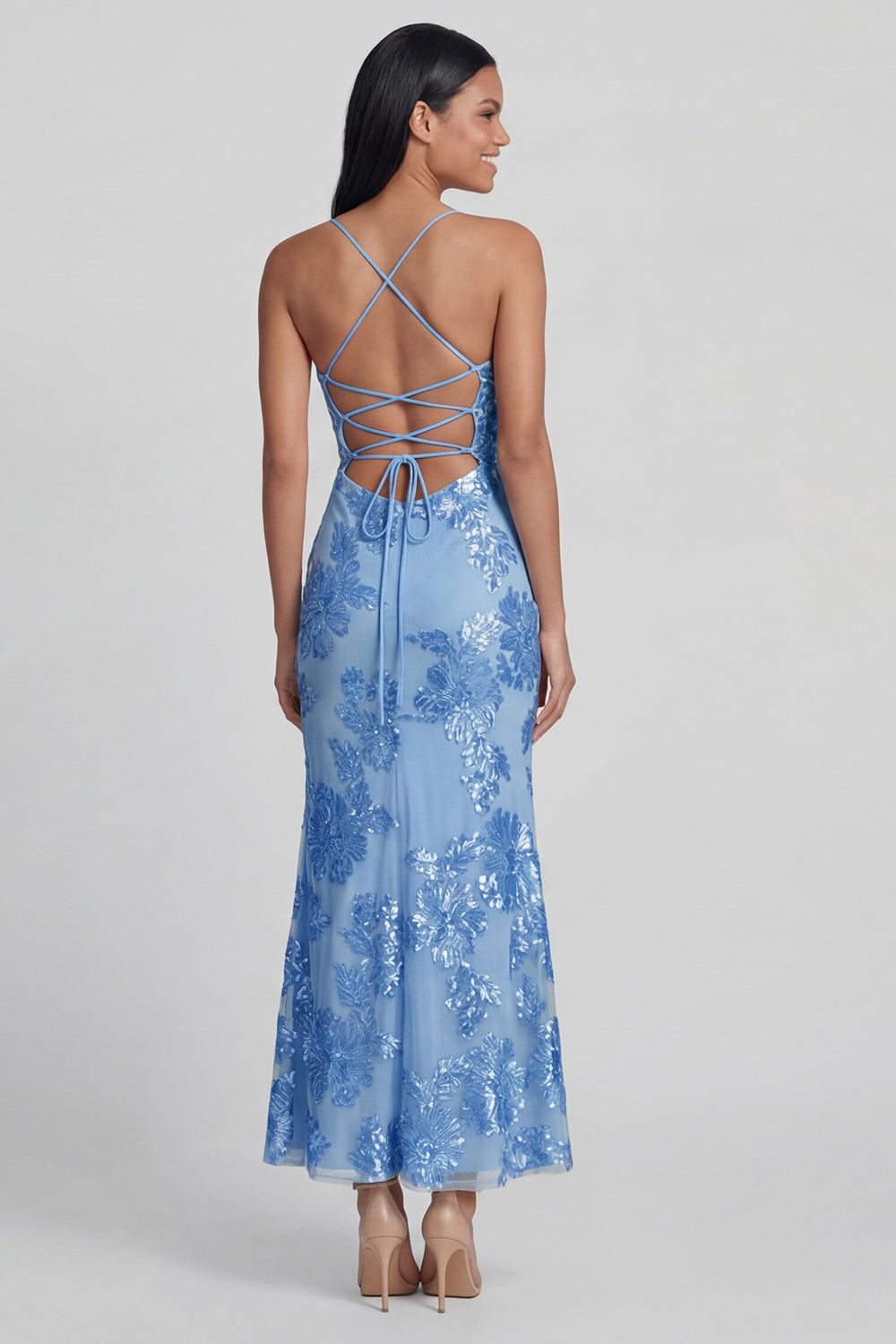 Sage Green Floral Mermaid Maxi Spaghetti Straps Beach Wedding Guest Dress