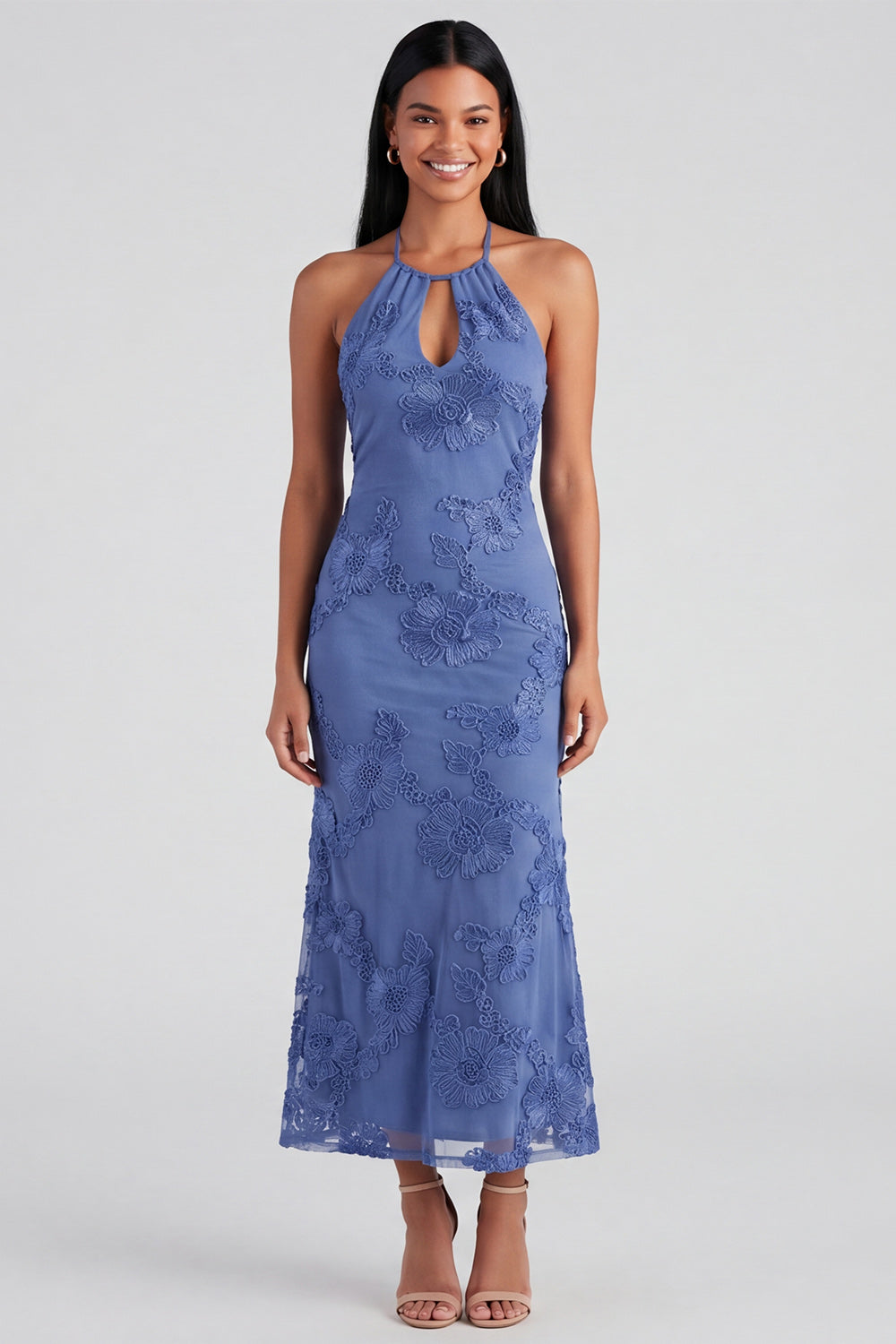 Blue Floral Mermaid Maxi Keyhole Halter Beach Wedding Guest Dress
