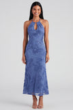 Blue Floral Mermaid Maxi Keyhole Halter Beach Wedding Guest Dress