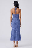 Blue Floral Mermaid Maxi Keyhole Halter Beach Wedding Guest Dress