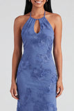 Blue Floral Mermaid Maxi Keyhole Halter Beach Wedding Guest Dress