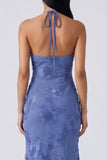 Blue Floral Mermaid Maxi Keyhole Halter Beach Wedding Guest Dress