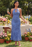 Blue Floral Mermaid Maxi Keyhole Halter Beach Wedding Guest Dress
