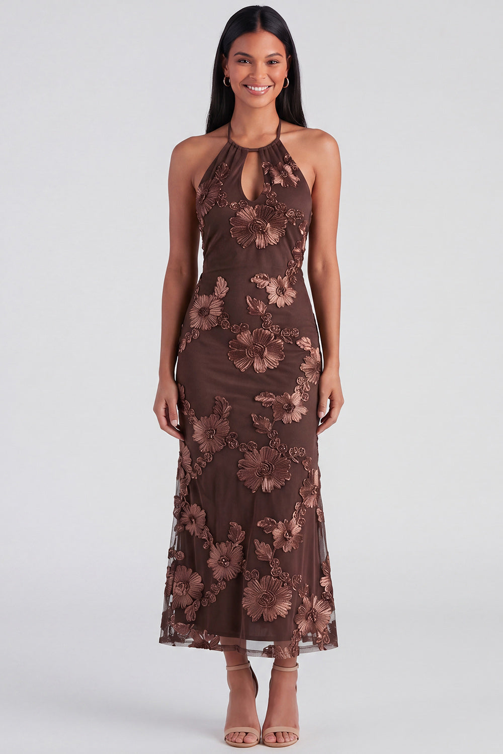 Blue Floral Mermaid Maxi Keyhole Halter Beach Wedding Guest Dress