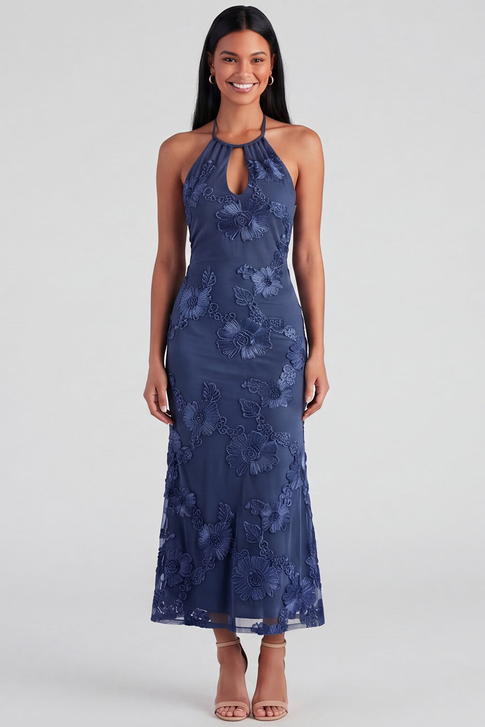 Blue Floral Mermaid Maxi Keyhole Halter Beach Wedding Guest Dress
