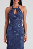 Blue Floral Mermaid Maxi Keyhole Halter Beach Wedding Guest Dress