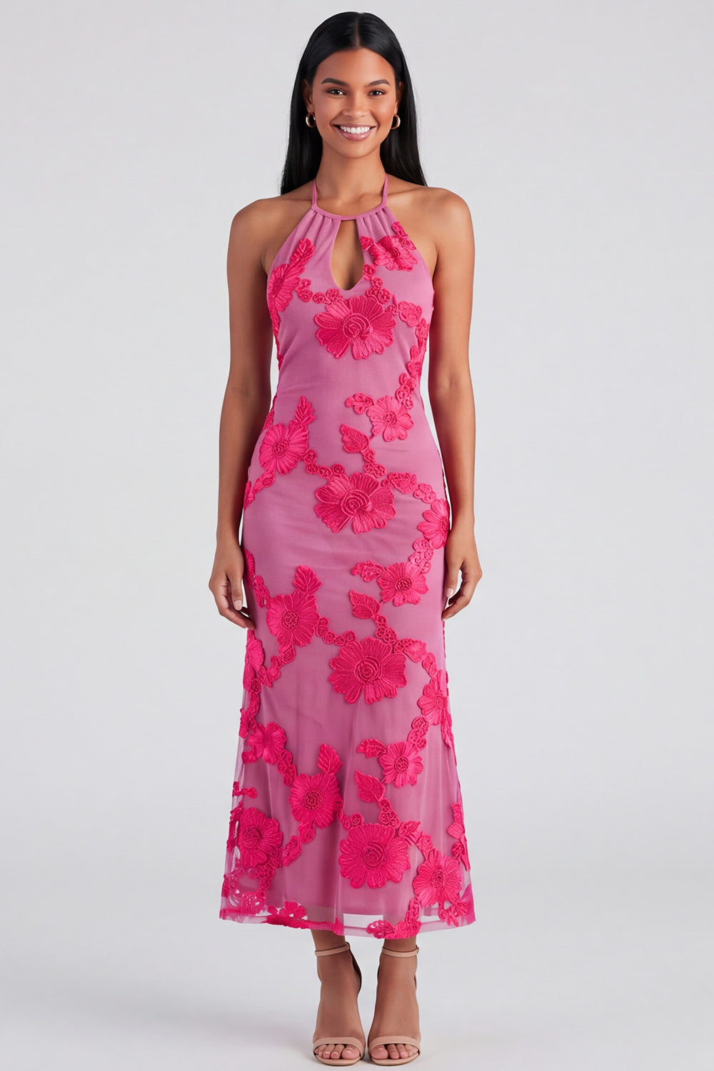 Blue Floral Mermaid Maxi Keyhole Halter Beach Wedding Guest Dress