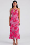 Blue Floral Mermaid Maxi Keyhole Halter Beach Wedding Guest Dress