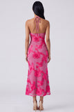 Blue Floral Mermaid Maxi Keyhole Halter Beach Wedding Guest Dress