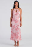 Blue Floral Mermaid Maxi Keyhole Halter Beach Wedding Guest Dress