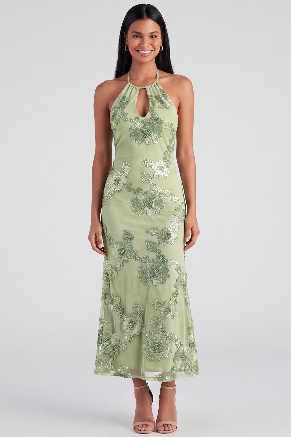 Blue Floral Mermaid Maxi Keyhole Halter Beach Wedding Guest Dress