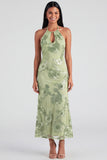 Blue Floral Mermaid Maxi Keyhole Halter Beach Wedding Guest Dress