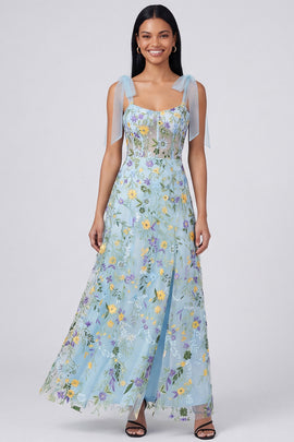 Blue Flower Maxi Corset A Line Beach Wedding Guest Dress with Bows