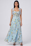 Blue Flower Maxi Corset A Line Beach Wedding Guest Dress with Bows
