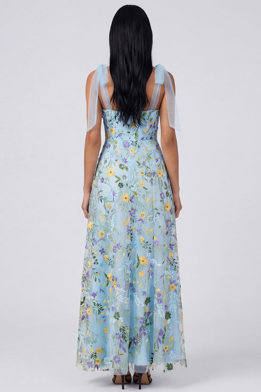 Blue Flower Maxi Corset A Line Beach Wedding Guest Dress with Bows