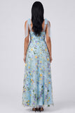 Blue Flower Maxi Corset A Line Beach Wedding Guest Dress with Bows