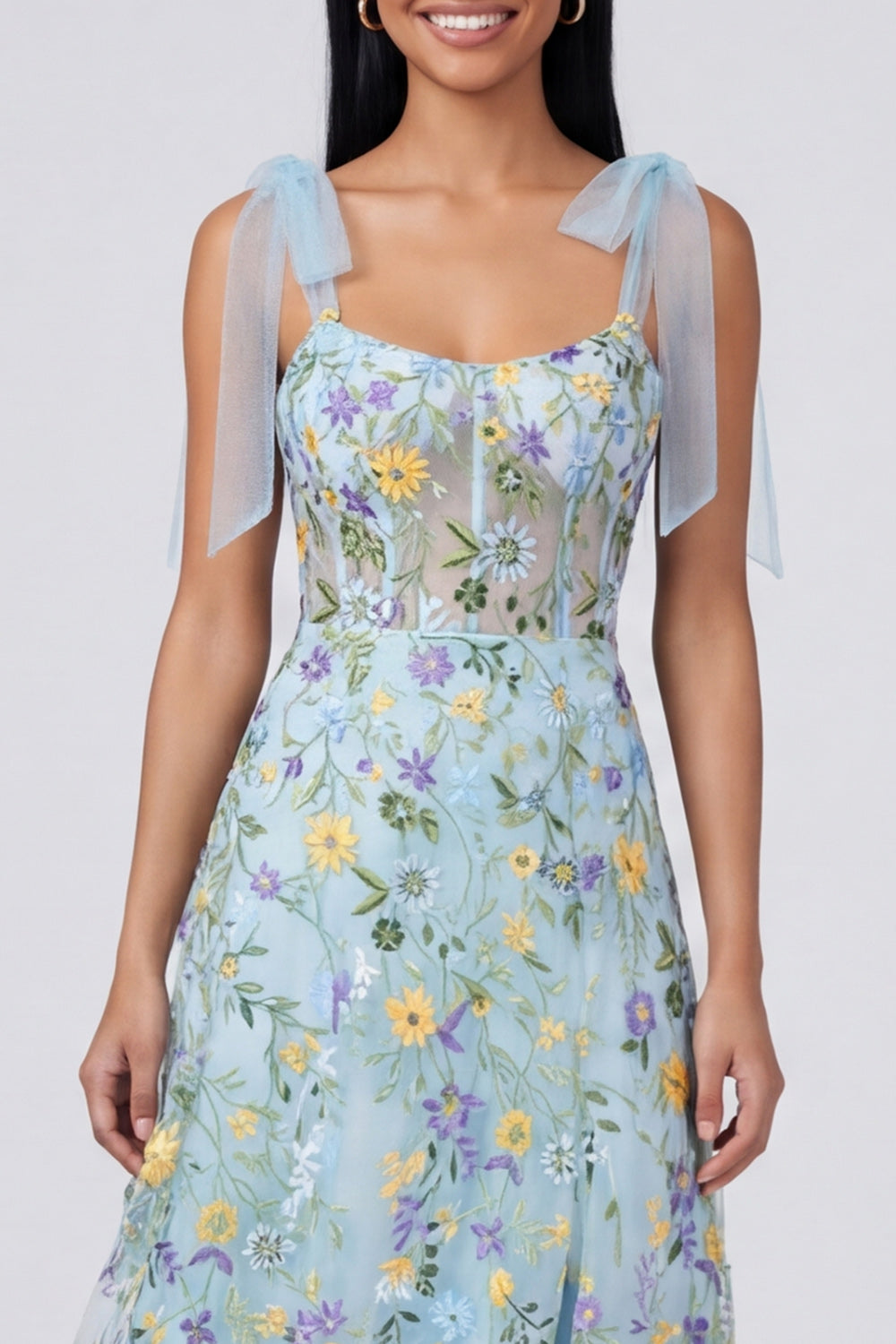 Blue Flower Maxi Corset A Line Beach Wedding Guest Dress with Bows