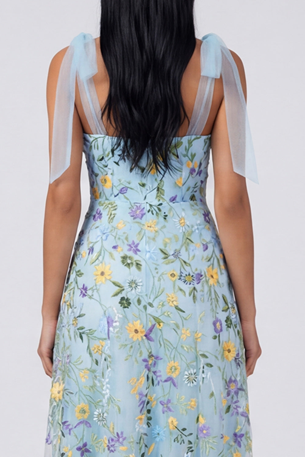 Blue Flower Maxi Corset A Line Beach Wedding Guest Dress with Bows