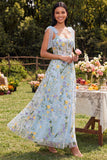 Blue Flower Maxi Corset A Line Beach Wedding Guest Dress with Bows