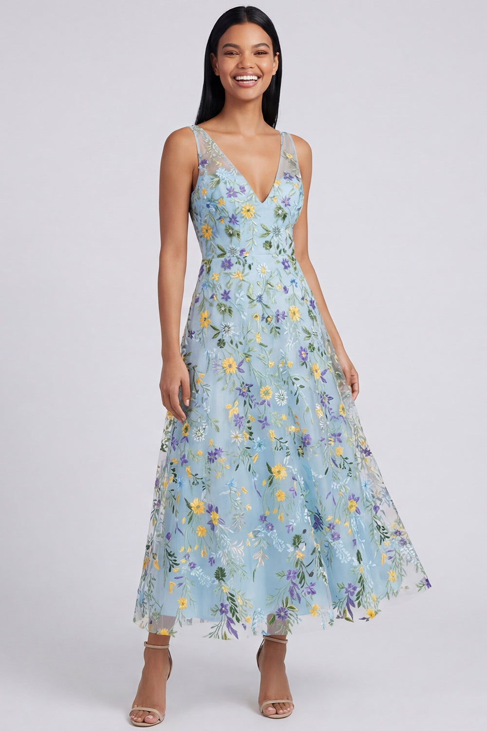 V-Neck Blue Flower Maxi A Line Beach Wedding Guest Dress