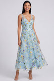 V-Neck Blue Flower Maxi A Line Beach Wedding Guest Dress