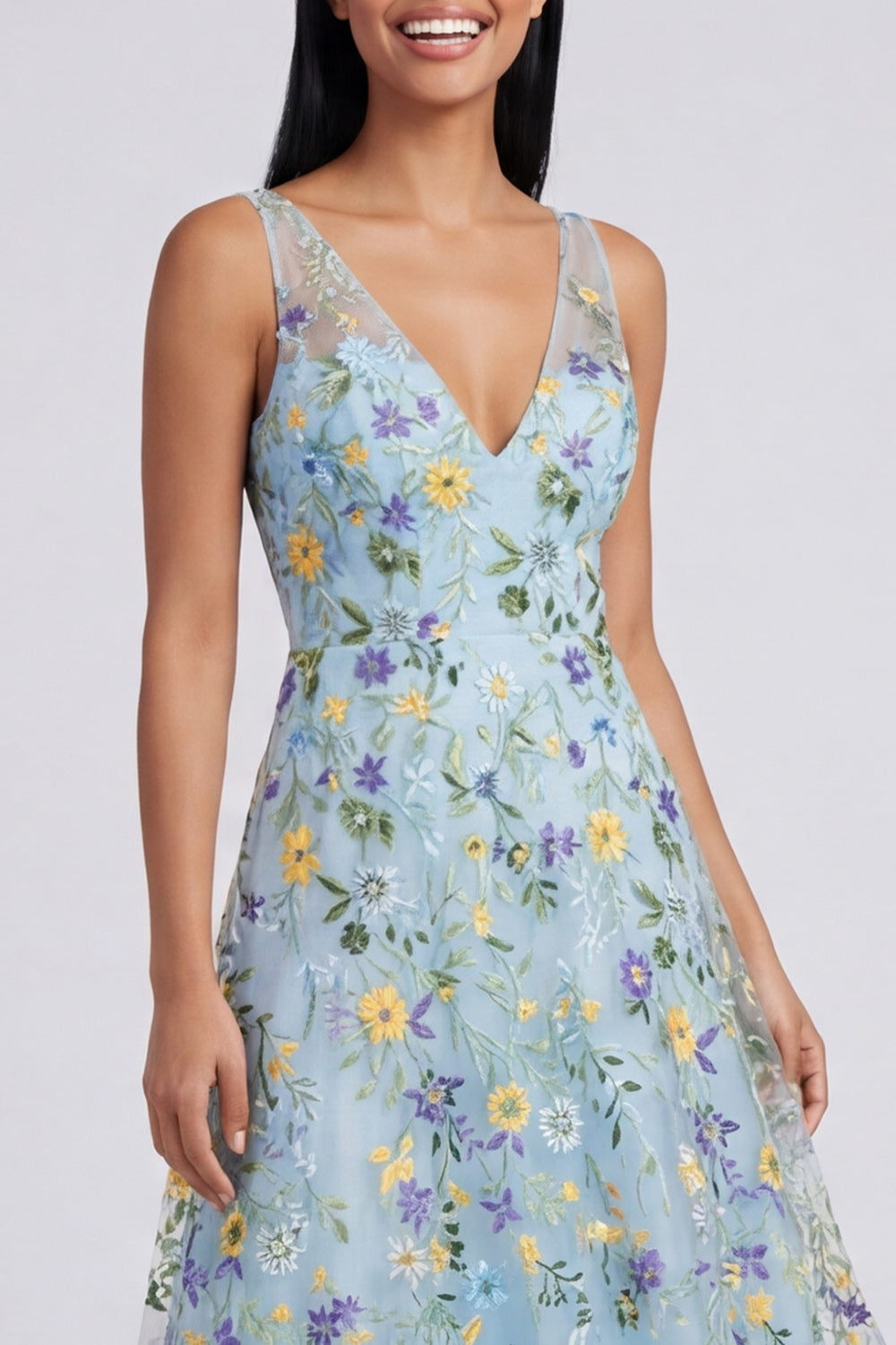 V-Neck Blue Flower Maxi A Line Beach Wedding Guest Dress