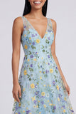 V-Neck Blue Flower Maxi A Line Beach Wedding Guest Dress