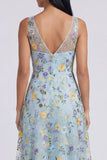 V-Neck Blue Flower Maxi A Line Beach Wedding Guest Dress