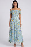 Off the Shoulder Blue Flower Maxi A Line Beach Wedding Guest Dress