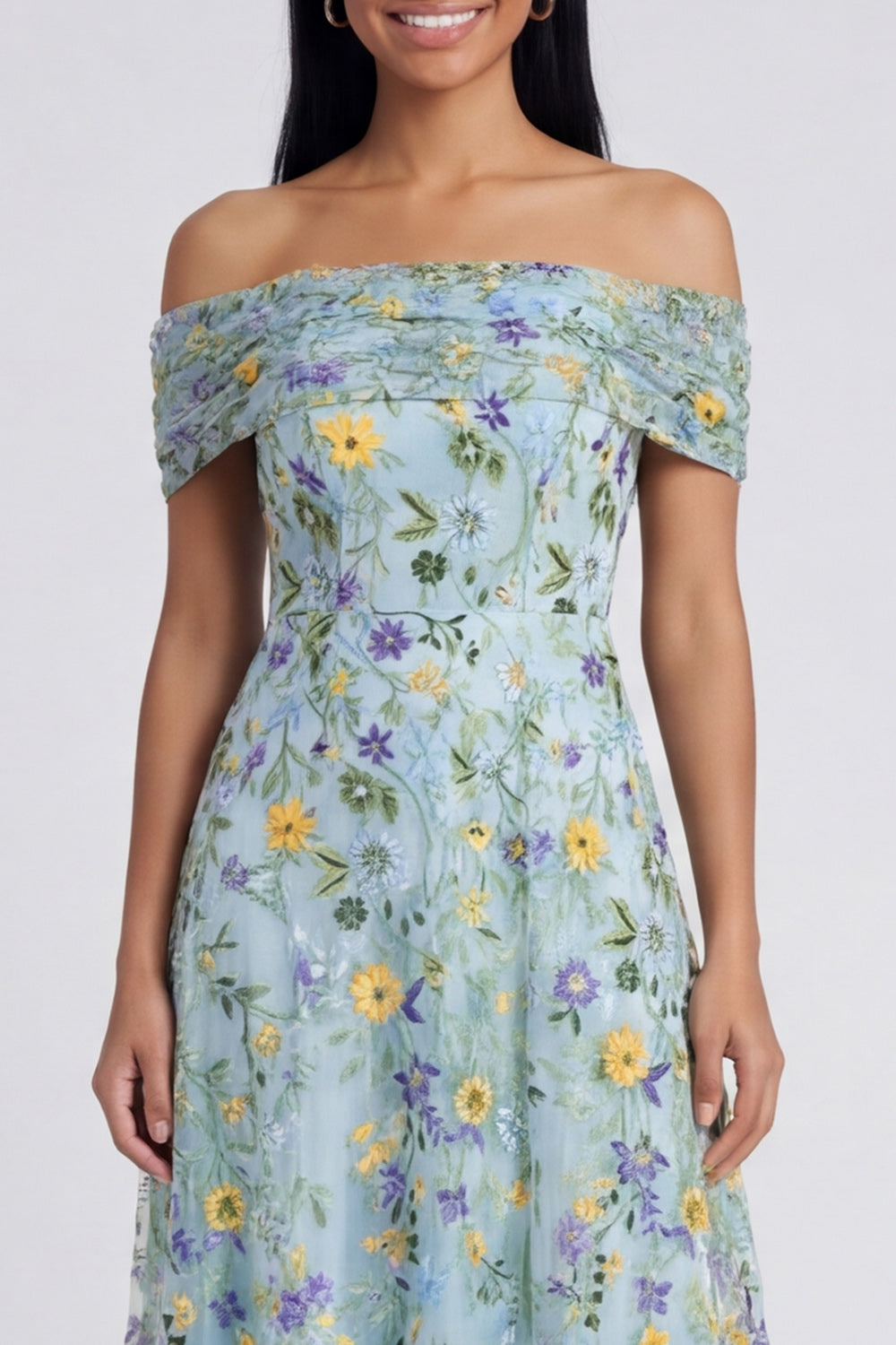 Off the Shoulder Blue Flower Maxi A Line Beach Wedding Guest Dress