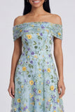 Off the Shoulder Blue Flower Maxi A Line Beach Wedding Guest Dress