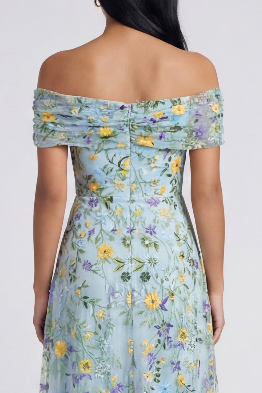 Off the Shoulder Blue Flower Maxi A Line Beach Wedding Guest Dress