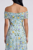 Off the Shoulder Blue Flower Maxi A Line Beach Wedding Guest Dress