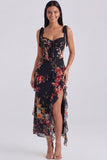 Ivory Floral Maxi Corset Sheath Ruffled Beach Wedding Guest Dress with Bows