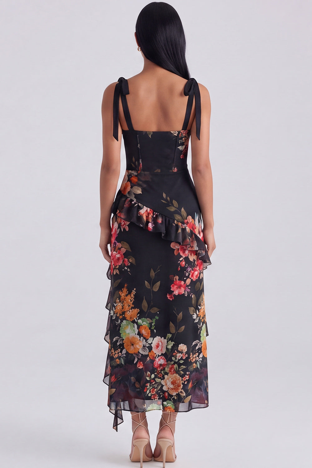 Ivory Floral Maxi Corset Sheath Ruffled Beach Wedding Guest Dress with Bows