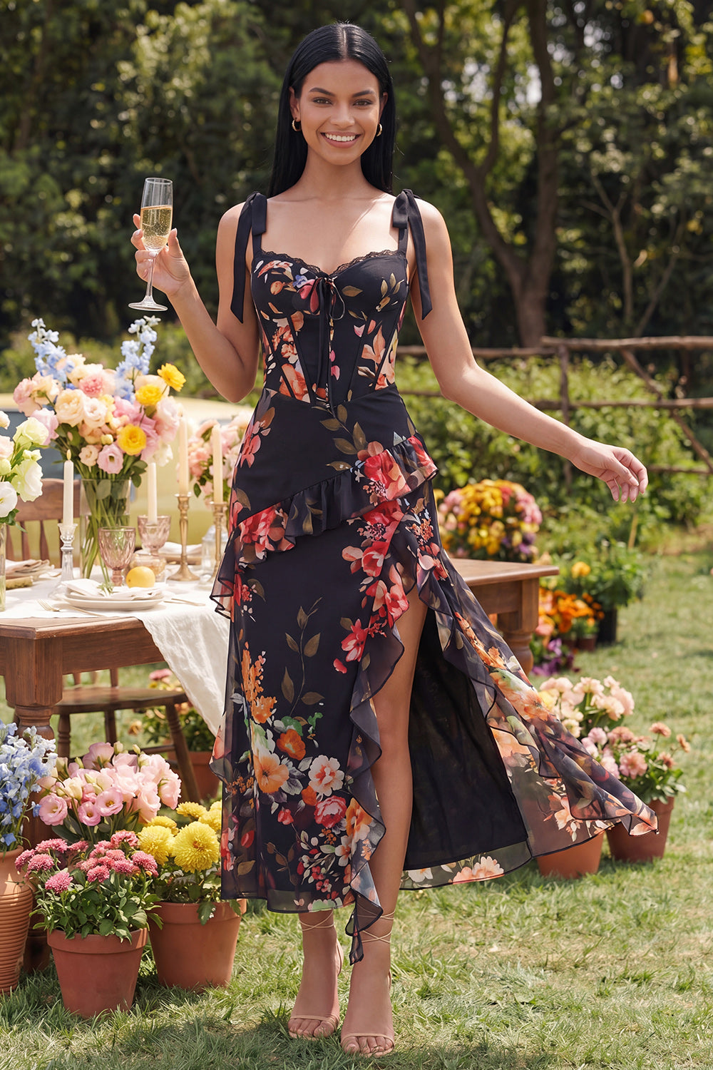 Ivory Floral Maxi Corset Sheath Ruffled Beach Wedding Guest Dress with Bows