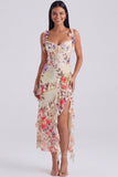Ivory Floral Maxi Corset Sheath Ruffled Beach Wedding Guest Dress with Bows