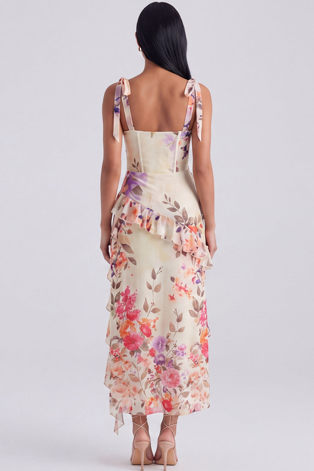 Ivory Floral Maxi Corset Sheath Ruffled Beach Wedding Guest Dress with Bows