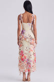 Ivory Floral Maxi Corset Sheath Ruffled Beach Wedding Guest Dress with Bows