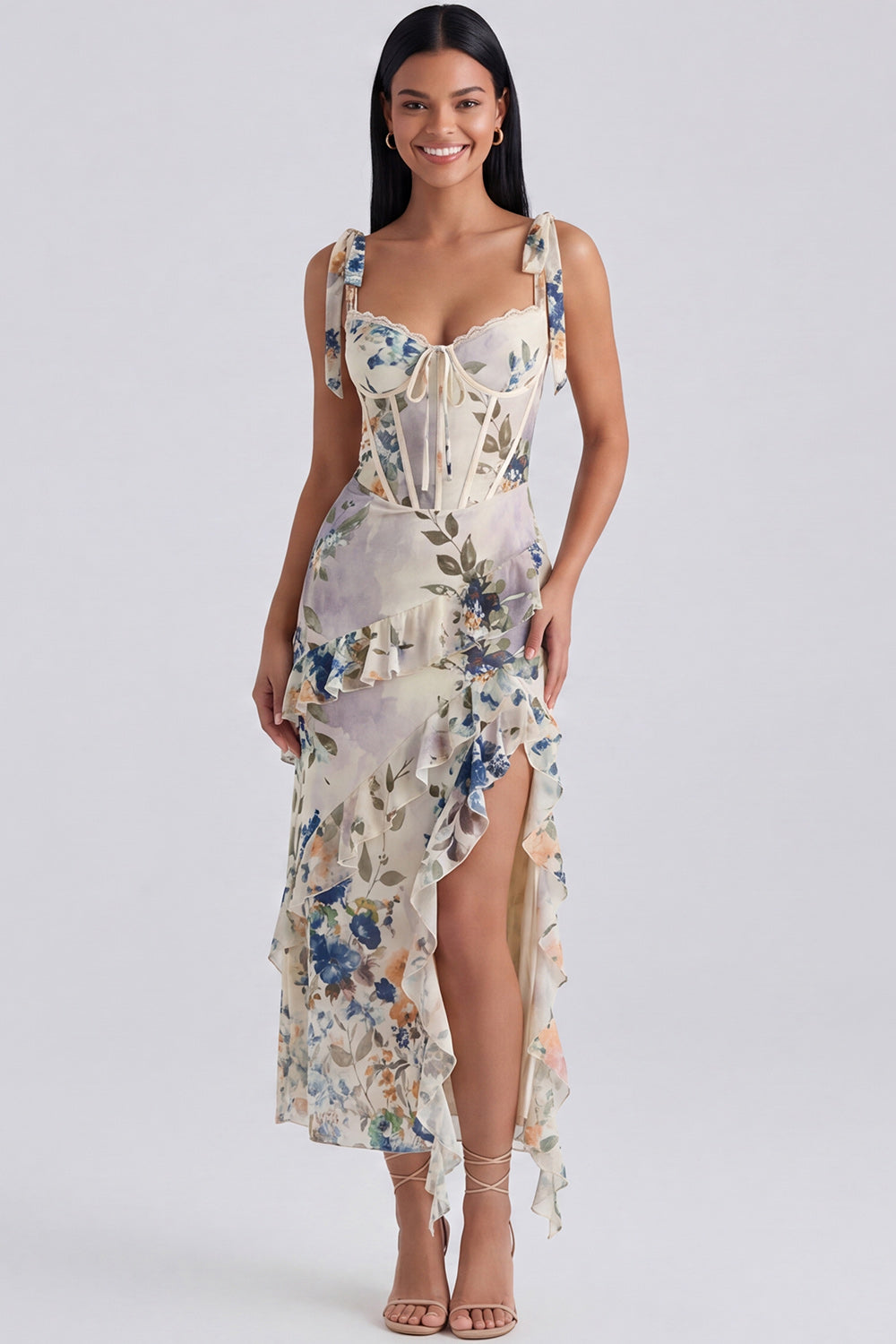 Ivory Floral Maxi Corset Sheath Ruffled Beach Wedding Guest Dress with Bows