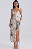 Ivory Floral Maxi Corset Sheath Ruffled Beach Wedding Guest Dress with Bows