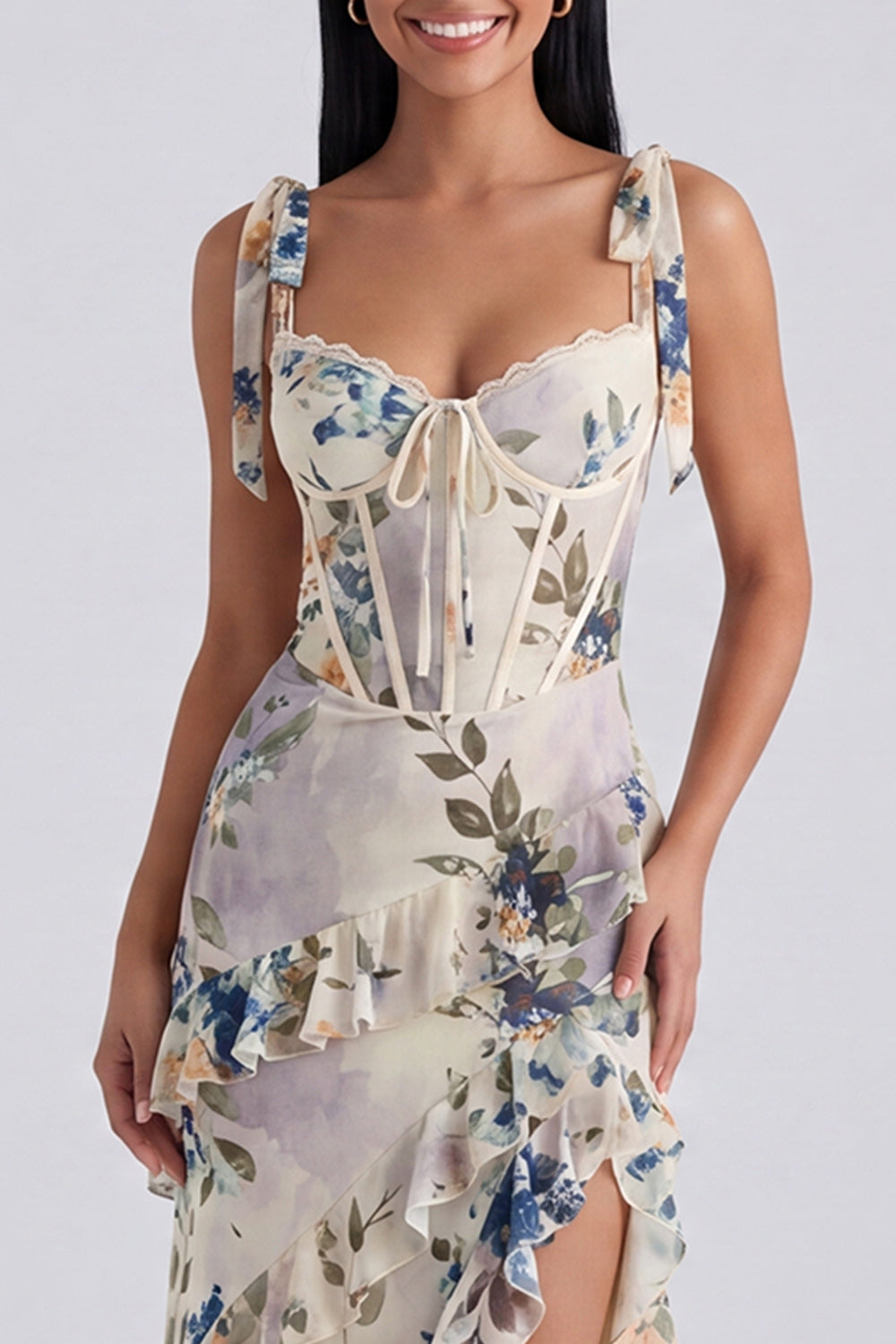 Ivory Floral Maxi Corset Sheath Ruffled Beach Wedding Guest Dress with Bows