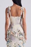 Ivory Floral Maxi Corset Sheath Ruffled Beach Wedding Guest Dress with Bows