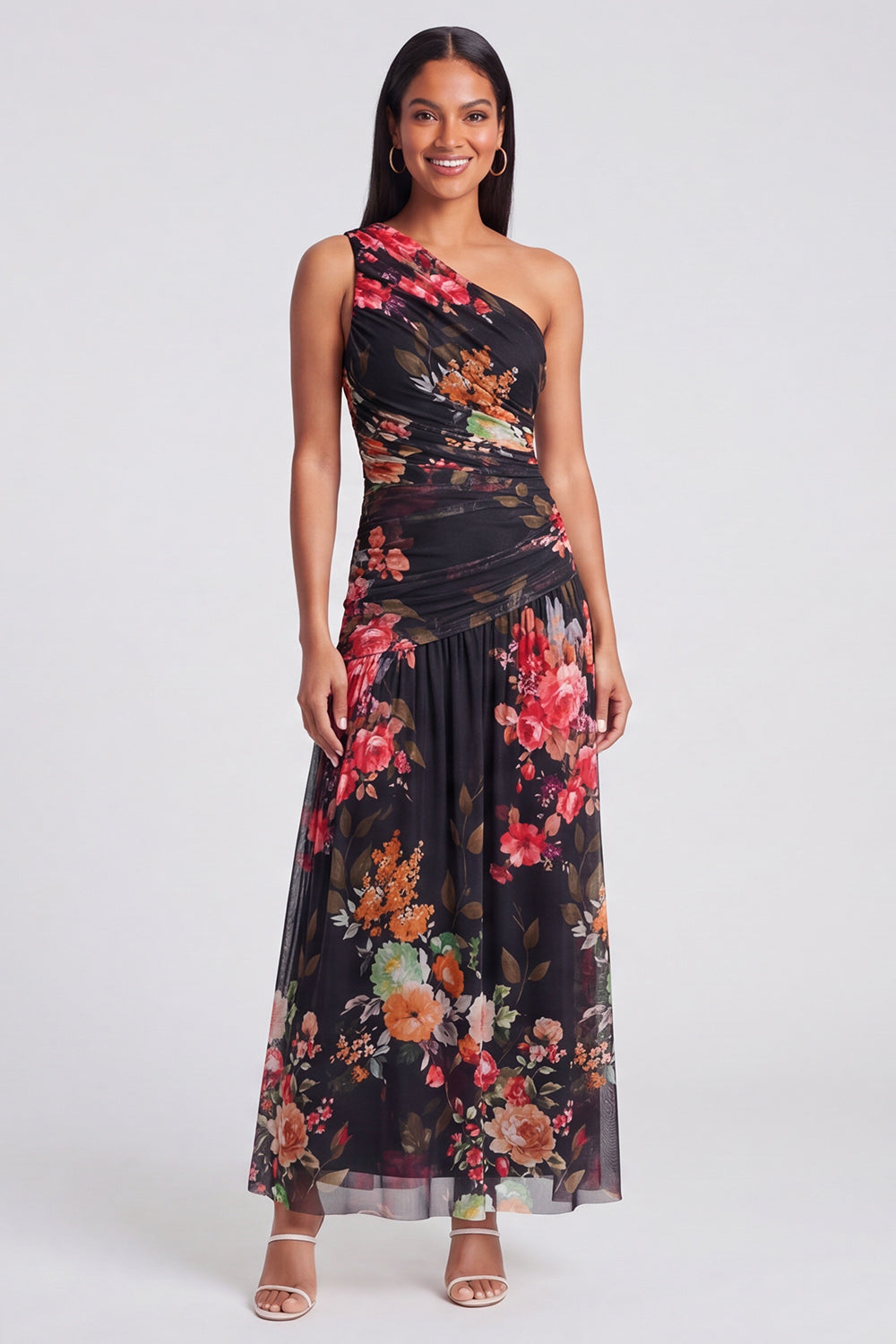 One Shoulder A Line Ruched Ivory Floral Maxi Beach Wedding Guest Dress