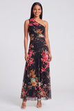 One Shoulder A Line Ruched Ivory Floral Maxi Beach Wedding Guest Dress