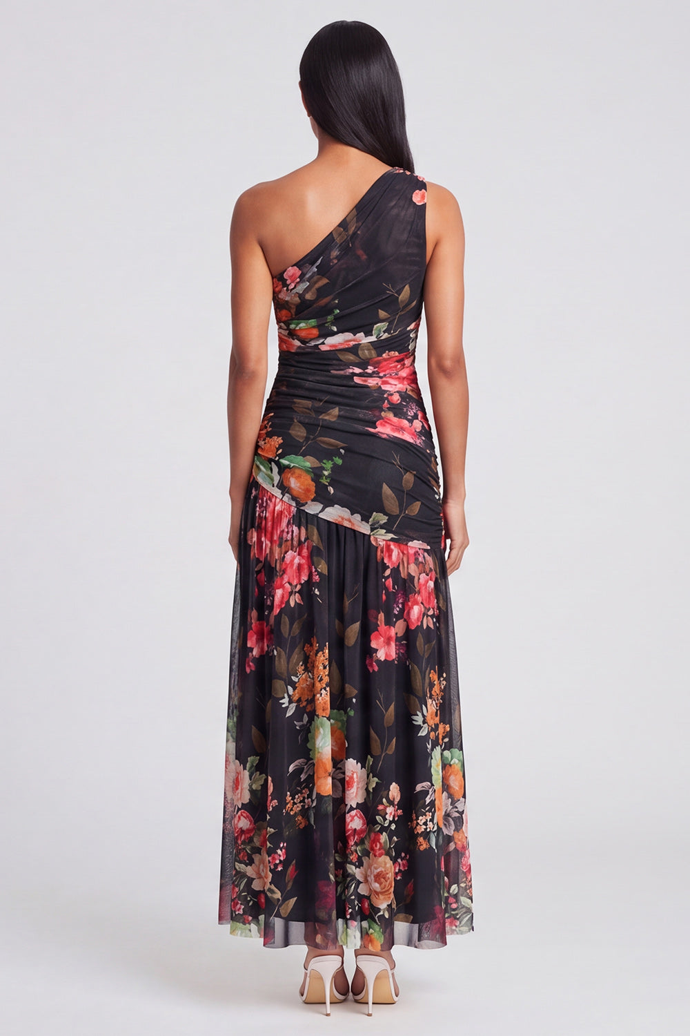 One Shoulder A Line Ruched Ivory Floral Maxi Beach Wedding Guest Dress